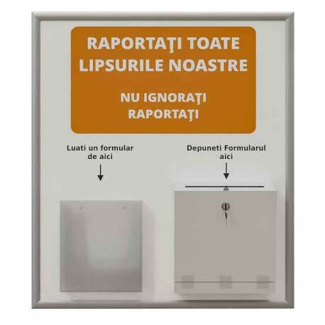 Noticeboard with click frame 710 x 830 mm, personalized back with sticker, a suggestion box and an A4P flyer holder