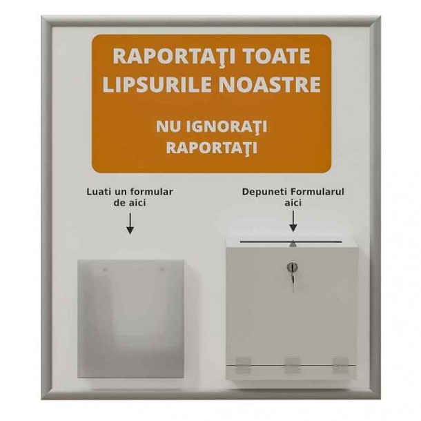 Noticeboard with click frame 710 x 830 mm, personalized back with sticker, a suggestion box and an A4P flyer holder