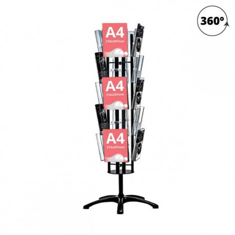 Black Rotating Stand, 360 degrees, brochure display, with 12 pockets A4 format (210x297 mm), Portrait