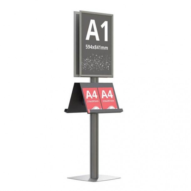 Panou Informativ, A1 (594x841mm), rama click si picior din aluminiu, dubla fata, cu 2 rafturi