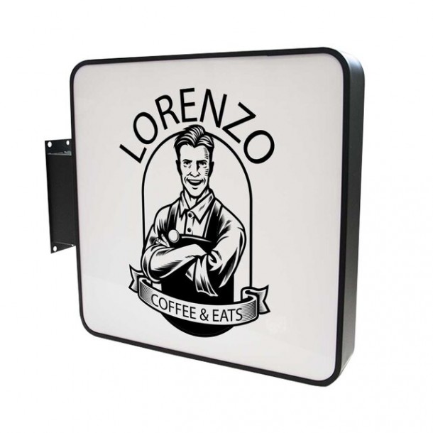 Square outdoor lightbox, 600 mm, double-sided, black, bracket-mounted, with customization included