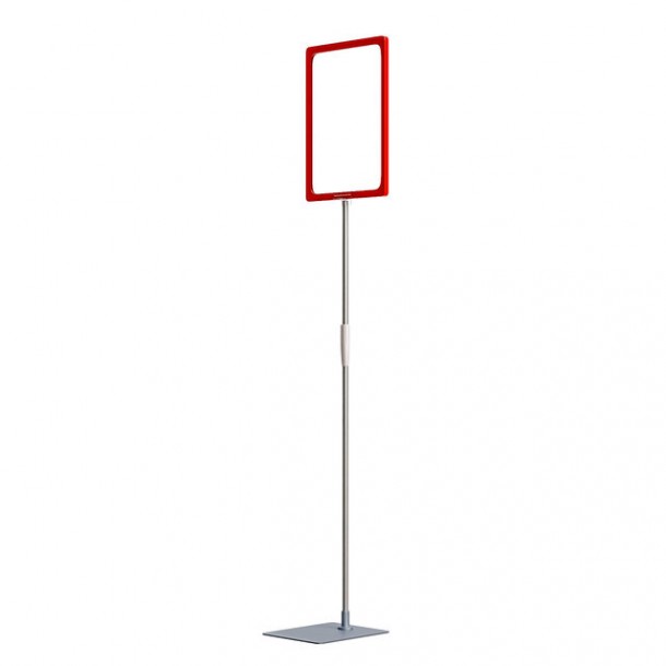 Stand reglabil gri, telescopic (350-550mm), cu rama plastic rosie, format A4