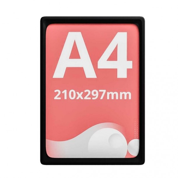 Rama plastic A4 (210 x 297mm), Negru, dubla fata, inserare poster pe latura mica, folie inclusa