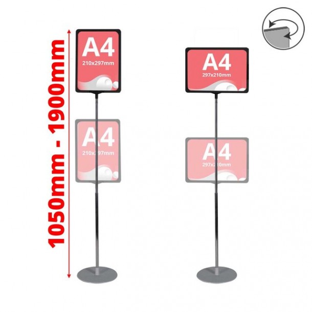 Stand reglabil telescopic (1050-1900 mm), cu rama plastic, A4 (210x297mm), Negru