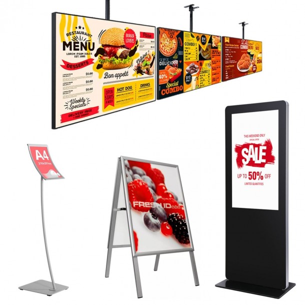 Ecrane digital signage, Casete luminoase LED, Suporturi pt. anunturi sau meniuri tiparite